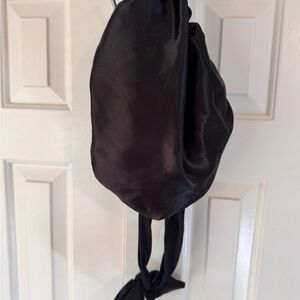 Black Satin Bonnet with Red Lining and Tie Straps